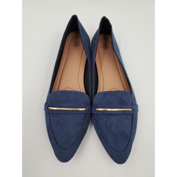 Obataom Blue faux suede flats w/ Goldtone strap decor Pointy Toe 9 - Picture 3 of 8